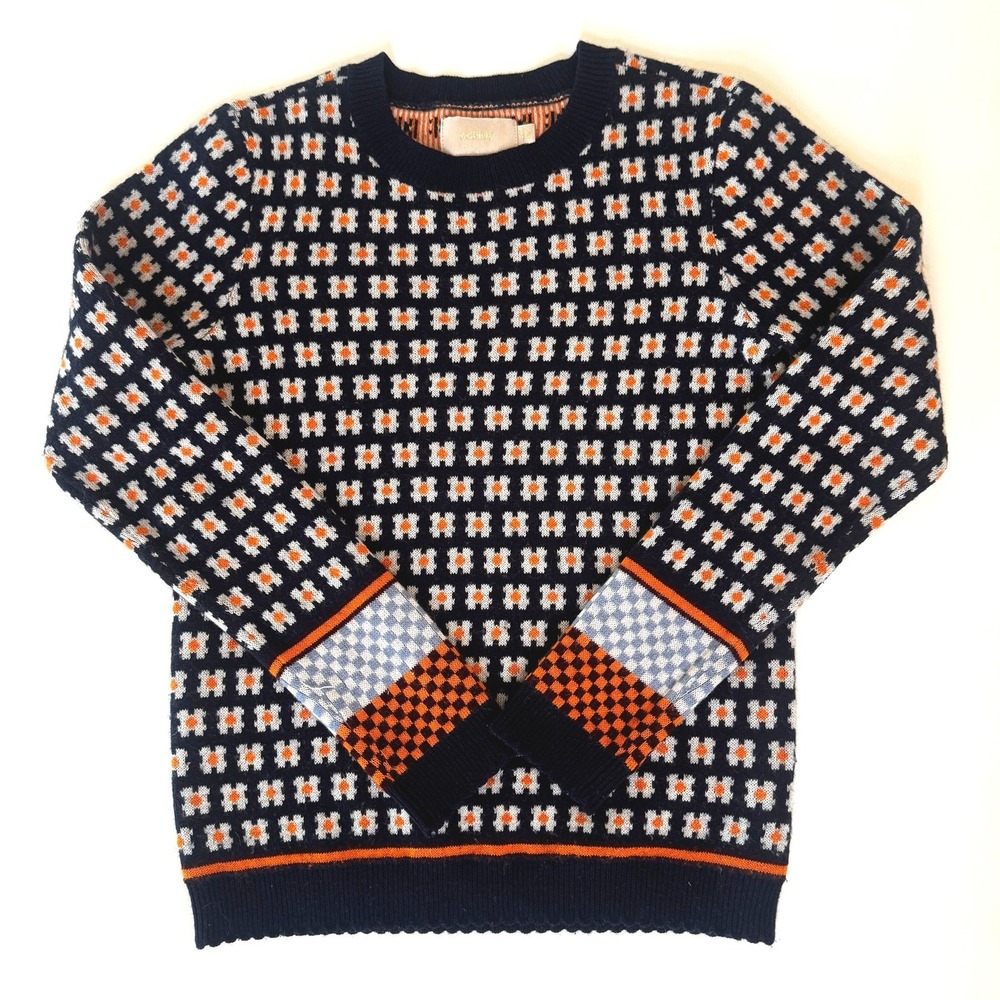 Ochirly Sweater Womens M Daisy Floral Gingham Check Navy Orange Cottagecore